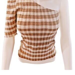 Nation LTD One-Shoulder Smocked Striped Top in Cream and Brown
